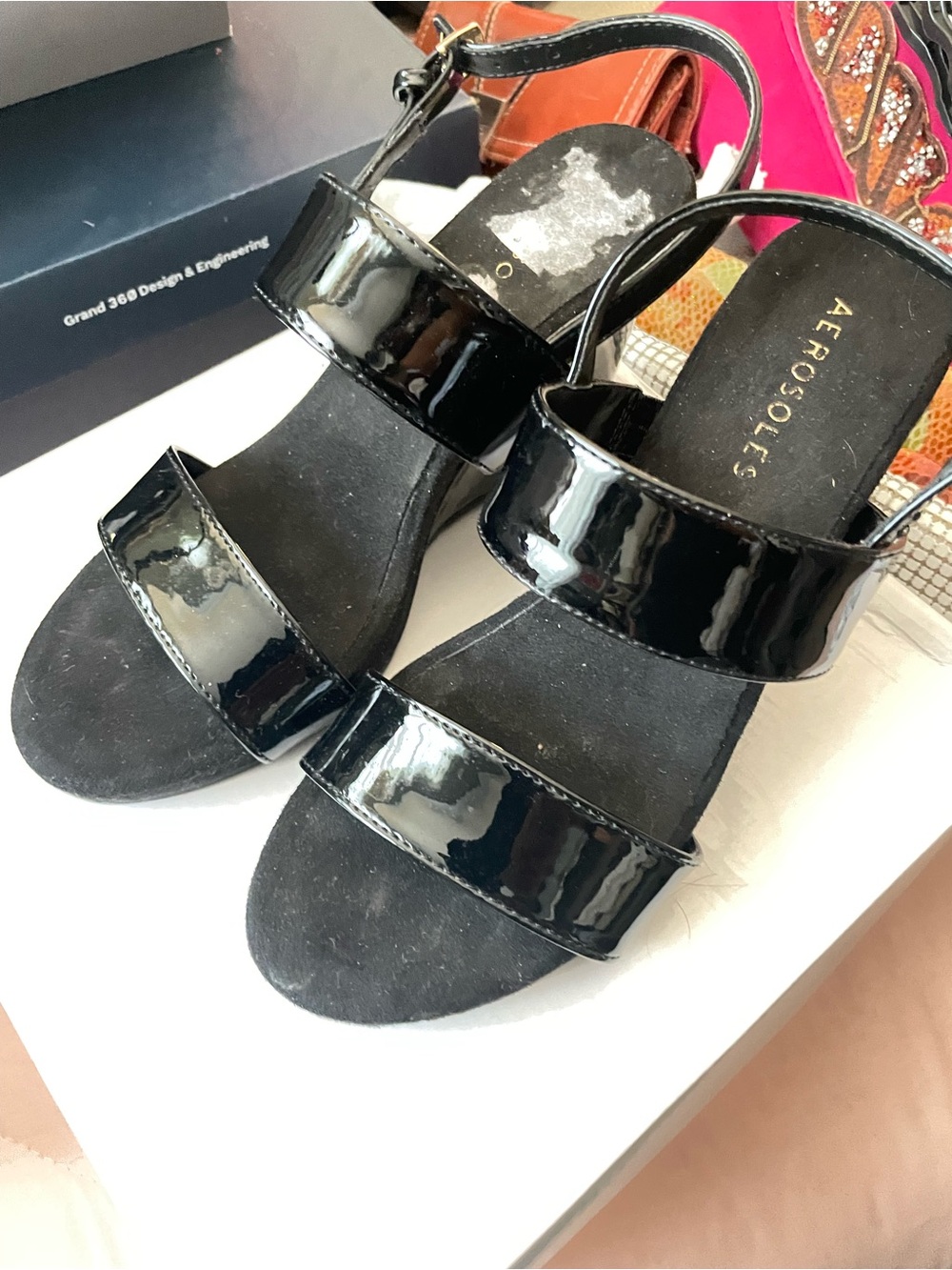 AEROSOLES Black Patent Two-Strap Ankle Sandals